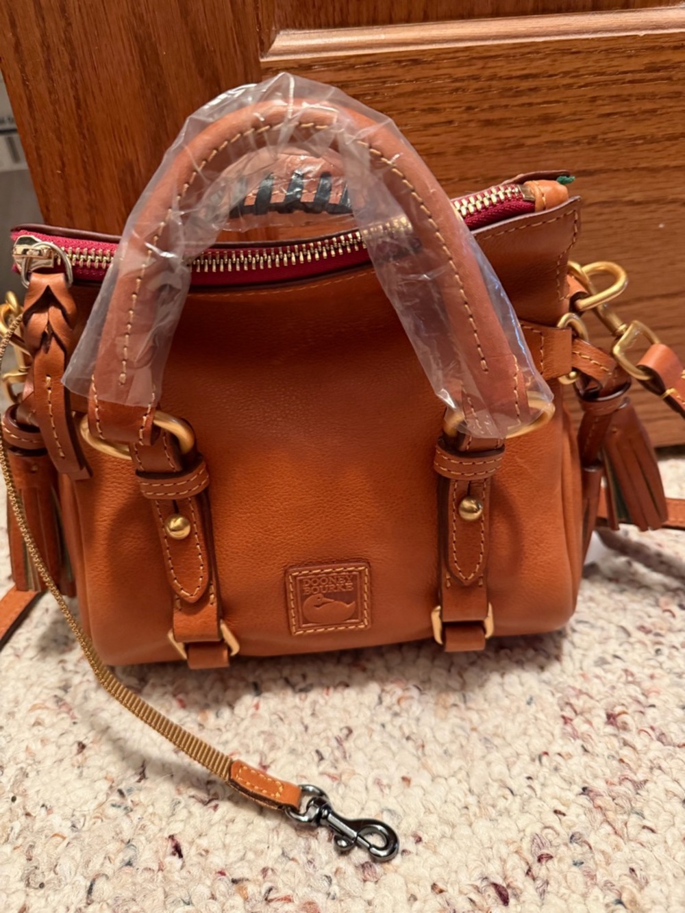 Dooney & Bourke Nano Leather Satchel in Saddle/Tan.
